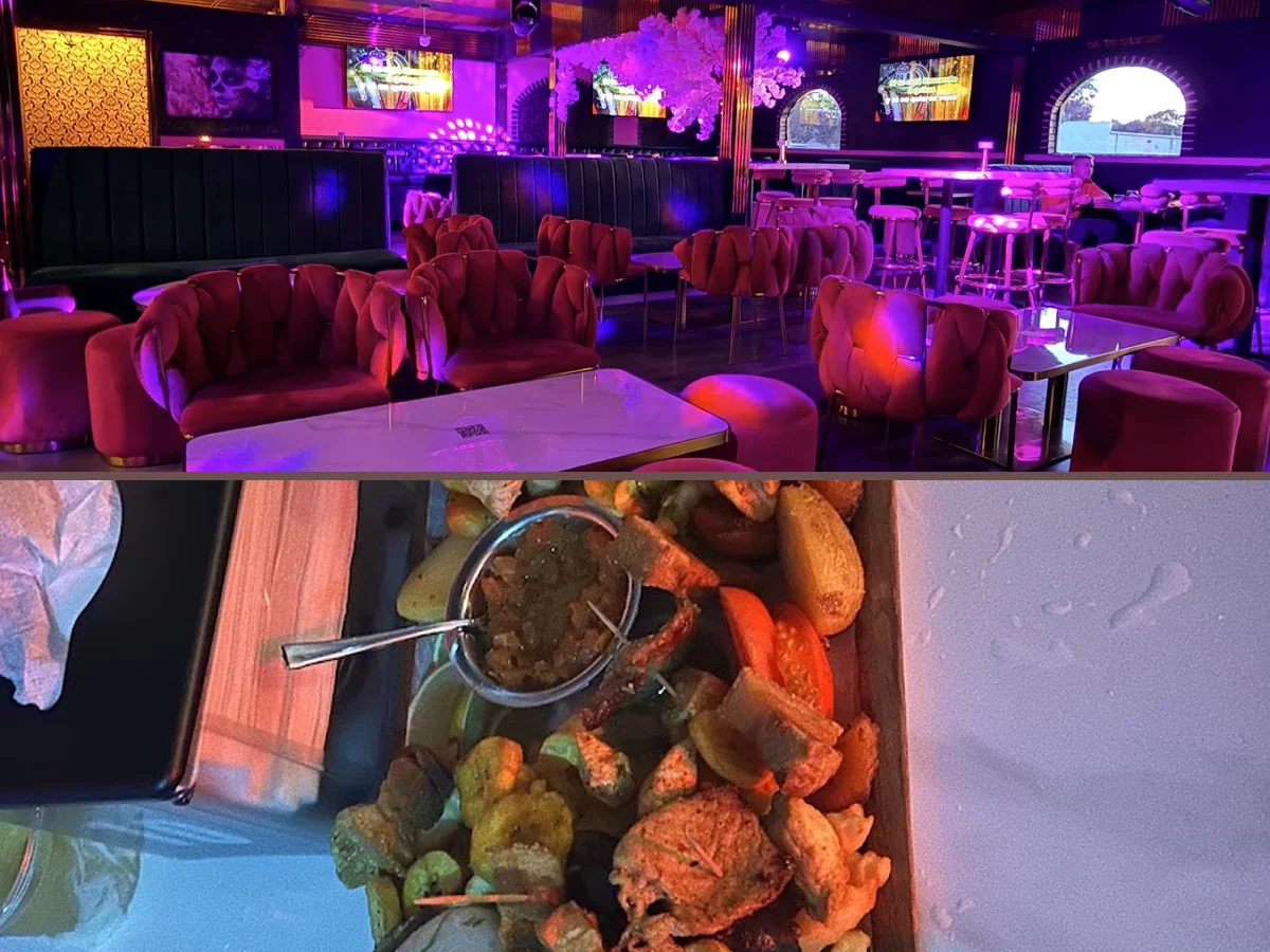 Comfort food setting with drinks and shared tables.