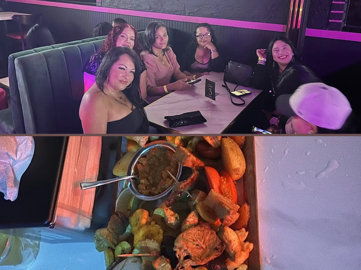 Comfort food setting with drinks and shared tables.